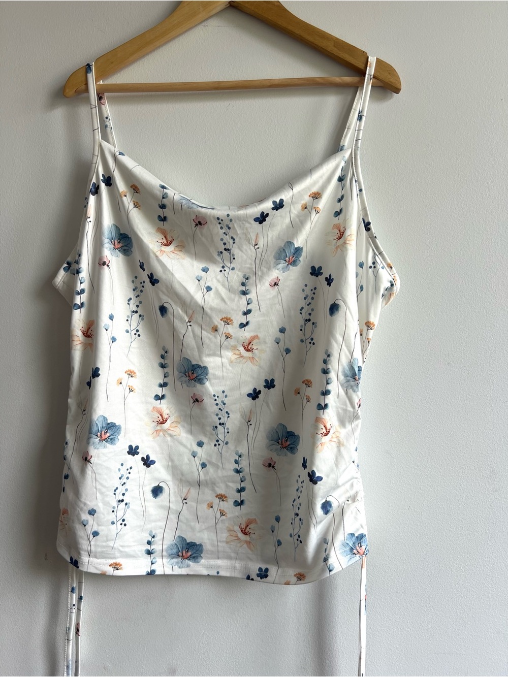 Elegant Feminine Floral Spaghetti Strap Cami - White with Blue & Tan Flowers